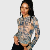 High Street Hip Hop Print T-Shirts Women O-Neck Long Sleeve Blue